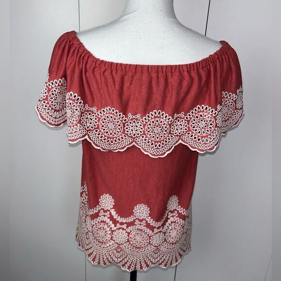 Fever Off the Shoulder Boho Embroidered Eyelet Ruffled Top Size S Heather Red - Picture 5 of 7